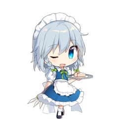 Rule 34 | 1girl, ;d, apron, black footwear, blue dress, blue eyes, blush, bow, braid, cake, chibi, commentary request, dress, food, frilled apron, frills, full body, green bow, green ribbon, hair between eyes, hair bow, holding, holding knife, holding plate, holding weapon, izayoi sakuya, knife, looking at viewer, lowres, maid, maid apron, maid headdress, neck ribbon, one eye closed, open mouth, petticoat, plate, puffy short sleeves, puffy sleeves, ribbon, shirt, shoes, short hair, short sleeves, silver hair, simple background, smile, socks, solo, standing, touhou, transparent background, twin braids, waist apron, weapon, white apron, white background, white shirt, white socks, yada (xxxadaman)