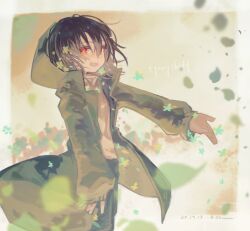 1other \||/ alternate_universe arm_at_side black_pants border bright_pupils brown_hair chara_(storyshift) chara_(undertale) coat commentary copyright_name cowboy_shot dated english_commentary falling_petals gloves green_coat green_petals grey_border hair_between_eyes hood hooded_coat kasuga_haruhi long_sleeves looking_at_viewer medium_hair open_clothes open_coat other_focus outside_border outstretched_arm pants petals puffy_long_sleeves puffy_sleeves red_eyes red_gloves shirt simple_background solo storyshift turtleneck turtleneck_shirt undertale white_shirt yellow_background