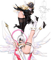 Rule 34 | 2b (nier:automata), 2b (nier:automata) (cosplay), 2girls, absurdres, angel wings, angewomon, angewomon (cosplay), ass, asymmetrical clothes, bare shoulders, black blindfold, blindfold, blonde hair, breasts, cleavage, commentary, cosplay, costume switch, covered eyes, crossover, digimon, digimon (creature), digimon adventure, elbow gloves, english commentary, feathered wings, gloves, hairband, head wings, helmet, highres, large breasts, long hair, long sleeves, mole, mole under mouth, multiple girls, multiple wings, nier:automata, nier (series), pod (nier:automata), puffy sleeves, short hair, tailmon, thick thighs, thigh strap, thighhighs, thighs, white hair, winged helmet, wings, wonbin lee