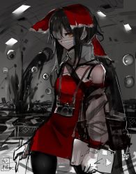 Rule 34 | 1girl, bad id, bad twitter id, black hair, black thighhighs, bow, brown eyes, camera, camera around neck, cookie (touhou), cowboy shot, detached sleeves, disembodied eye, dress, fumei unknown, hair bow, hair over one eye, hakurei reimu, holding, holding pen, long hair, looking at viewer, mask, monochrome background, mouth mask, official art, pen, red bow, red dress, signature, sketch, sleeveless, sleeveless dress, solo, stylus, tablet pc, thighhighs, touhou, very long hair, white sleeves, yuyusu (cookie)