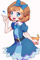 Rule 34 | 1girl, animal ears, belt, black belt, blue bow, blue dress, blue eyes, blue ribbon, bob cut, bow, brooch, brown hair, collared dress, commentary, cowboy shot, delicious party precure, dog ears, dog girl, dog tail, dress, hair bow, heart, heart brooch, highres, index finger raised, jewelry, looking at viewer, neck ribbon, open mouth, pam-pam (precure), pam-pam (precure) (human), pantyhose, precure, puffy short sleeves, puffy sleeves, ribbon, ryuuta (cure ryuuta), short dress, short hair, short sleeves, simple background, smile, solo, standing, tail, white background, white pantyhose