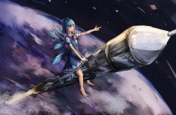 Rule 34 | 1girl, bad id, bad pixiv id, barefoot, blue dress, blue eyes, blue hair, bow, chen feng si, cirno, collared shirt, dress, earth (planet), hair bow, ice, ice wings, legs, matching hair/eyes, orbit, planet, pointing, ribbon, riding, rocket, shirt, short hair, sitting, solo, space, star (sky), star (symbol), toes, touhou, white shirt, wings