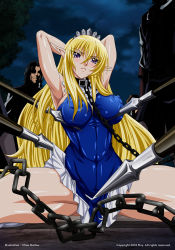 Rule 34 | 00s, 1girl, 4boys, arms behind head, black lilith, blonde hair, blue leotard, boots, breasts, chain, chou daitou, clothes lift, collar, covered erect nipples, dark sky, elf, elf hime nina, knee boots, kneeling, large breasts, leotard, long hair, looking at viewer, miniskirt, multiple boys, nina asuraato uinviria, pointy ears, polearm, purple eyes, restrained, skirt, skirt lift, spear, spread legs, squatting, threatening, tiara, weapon, white footwear, white skirt