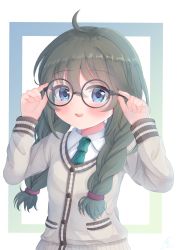 Rule 34 | 1girl, adjusting eyewear, blue eyes, blush, braid, commentary request, glasses, green hair, hair between eyes, highres, long hair, looking at viewer, open mouth, princess connect!, school uniform, simple background, solo, teren, twin braids, yuni (princess connect!), yuni (real) (princess connect!)