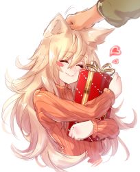 Rule 34 | 1girl, ^ ^, absurdres, animal ears, blonde hair, blush stickers, breasts, cleavage, closed eyes, deluxe&lt;&lt;&lt;, gift, hair between eyes, hair intakes, hand on another&#039;s head, headpat, heart, highres, long hair, original, simple background, smile, solo focus, sweater, white background