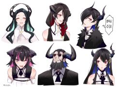 Rule 34 | 2boys, 4girls, aradia ravencroft, asymmetrical horns, black hair, black suit, blue hair, brother and sister, closed eyes, colored inner hair, demon horns, family, father and daughter, father and son, formal, hair over one eye, highres, hololive, hololive english, horns, husband and wife, kivo, long hair, looking at viewer, malpha ravencroft, malphis ii ravencroft, mamarissa, mole, mole under each eye, mole under eye, mother and daughter, mother and son, multicolored hair, multiple boys, multiple girls, multiple moles, nerissa ravencroft, nerissa ravencroft (1st costume), one eye closed, paparissa, pink eyes, pink hair, red eyes, red hair, shirt, short hair, siblings, sisters, smile, suit, tongue, tongue out, very long hair, virtual youtuber, white background, white shirt