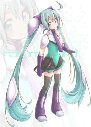 Rule 34 | 1girl, absurdly long hair, ahoge, akino coto, aqua eyes, aqua hair, boots, character name, elbow gloves, full body, gloves, hatsune miku, headset, highres, leotard, long hair, looking at viewer, necktie, shinkalion (series), shinkansen henkei robo shinkalion, skirt, solo, standing, thighhighs, twintails, very long hair, vocaloid, zoom layer