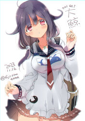 Rule 34 | 1girl, ahoge, animal print, apron, artist name, black hair, black sailor collar, black skirt, cowboy shot, dated, fish print, fujii rino, hair flaps, hair ornament, kantai collection, low twintails, necktie, parted lips, pleated skirt, red eyes, red necktie, sailor collar, school uniform, serafuku, simple background, skirt, solo, taigei (kancolle), twintails, twitter username, whale hair ornament, whale print, white apron, white background
