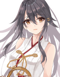 Rule 34 | 1girl, black hair, brown eyes, commentary request, detached sleeves, gensoukitan, hair ornament, hairband, unworn hairband, hairclip, haruna (kancolle), headgear, unworn headgear, highres, holding, japanese clothes, kantai collection, long hair, looking at viewer, ribbon-trimmed sleeves, ribbon trim, simple background, solo, upper body, white background