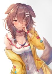 Rule 34 | 1girl, :3, animal ears, bone hair ornament, braid, breasts, brown eyes, brown hair, cleavage, closed mouth, commentary request, dog ears, dog girl, dog tail, dress, furrowed brow, ganmenkurei (ani), hair ornament, highres, hololive, inugami korone, inugami korone (1st costume), long hair, looking at viewer, medium breasts, off shoulder, simple background, solo, tail, twin braids, virtual youtuber, white background, white dress