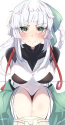 Rule 34 | 1girl, armpit cutout, black bodysuit, black collar, blush, bodysuit, bow, braid, braided hair rings, breasts, breasts apart, bright pupils, closed mouth, clothing cutout, collar, collarbone, earrings, fate/grand order, fate/samurai remnant, fate (series), green bow, green eyes, green hakama, hair bow, hakama, hakama skirt, hanging breasts, high collar, highres, japanese clothes, jewelry, large breasts, leaning forward, long hair, looking at viewer, parted bangs, ponytail, shiny skin, sitting, skirt, solo, thigh cutout, thighs, two-tone bodysuit, umi endu, white background, white bodysuit, white bow, white hair, white skirt, yui shousetsu (fate), yui shousetsu (first ascension) (fate), yui shousetsu (second ascension) (fate)