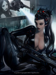 Rule 34 | 1girl, aircraft, assassin, billboard, black eyes, black hair, bodysuit, breasts, center opening, city, cleavage, dual persona, full-length zipper, gloves, gun, helicopter, highres, jung myung lee, large breasts, legend of the cryptids, lipstick, long hair, makeup, mask, mask on head, mole, mole under eye, no bra, rifle, science fiction, shiny clothes, sitting, sniper rifle, solo, unzipped, weapon, zipper