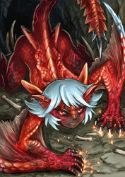 Rule 34 | 1girl, all fours, angry, blue hair, claws, clenched teeth, colored skin, crawling, glaring, looking at viewer, maxa&#039;, molten tigrex, monster girl, monster hunter, monster hunter (series), monster hunter 4, personification, red eyes, red skin, scales, short hair, solo, sparks, tail, teeth, tigrex, veins, wings