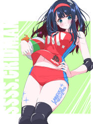 Rule 34 | 1girl, ball, black hair, blue eyes, blush, breasts, elbow pads, gridman universe, gridman universe (film), headband, highres, holding, holding ball, kagura takeshi, knee pads, long hair, looking at viewer, official alternate costume, scrunchie, solo, sportswear, takarada rikka, thighs, volleyball, volleyball (object), volleyball uniform, wrist scrunchie