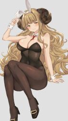 Rule 34 | 1girl, absurdres, alternate costume, anila (granblue fantasy), animal ears, blonde hair, blunt bangs, blush, breasts, cleavage, covered navel, draph, fake animal ears, granblue fantasy, highres, horns, hoshido1214, large breasts, leotard, long hair, looking at viewer, navel, necktie, pantyhose, playboy bunny, rabbit ears, sheep horns, smile, solo, thick eyebrows, wrist cuffs, yellow eyes