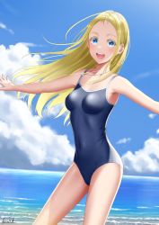 Rule 34 | 1girl, absurdres, beach, blonde hair, blue eyes, blue one-piece swimsuit, blue sky, cloud, competition school swimsuit, cowboy shot, day, highres, horizon, jewelry, kayama kouji, kofune ushio, long hair, necklace, ocean, one-piece swimsuit, open mouth, outdoors, outstretched arms, round teeth, school swimsuit, shell, shell necklace, signature, sky, solo, summertime render, swimsuit, teeth, upper teeth only, very long hair
