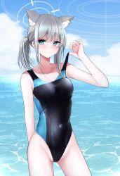 Rule 34 | 1girl, animal ear fluff, animal ears, black one-piece swimsuit, blue archive, blue eyes, blue sky, breasts, clothes pull, cloud, competition swimsuit, contrapposto, covered navel, cross hair ornament, day, extra ears, grey hair, hair ornament, halo, highres, horizon, looking at viewer, low ponytail, medium breasts, medium hair, mismatched pupils, multicolored clothes, multicolored swimsuit, ocean, one-piece swimsuit, one-piece swimsuit pull, outdoors, shiroko (blue archive), shiroko (swimsuit) (blue archive), sky, smile, solo, swimsuit, yumeneko nyaa