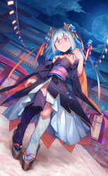Rule 34 | 1girl, architecture, asymmetrical legwear, bad id, bad pixiv id, blue hair, blue sky, bridge, closed mouth, east asian architecture, flat chest, floral print, full body, highres, holding, japanese clothes, kimono, kimono dress, long sleeves, looking at viewer, mismatched legwear, night, night sky, obi, original, outdoors, pink sash, platform clogs, print kimono, purple kimono, purple legwear, red eyes, sash, shichigatsu, sky, smile, solo, standing, white legwear