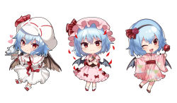 Rule 34 | 1girl, arm up, ascot, bat wings, belt, black hairband, blue hair, book, bow, brown footwear, candy apple, capelet, chibi, closed mouth, collared dress, crossed arms, crossed bangs, cup, dress, dress bow, fang, flower, food, full body, gem, green gemstone, hair between eyes, hair flower, hair ornament, hair ribbon, hairband, hand up, hands up, hat, hat ribbon, heart, hug, japanese clothes, jewelry, kettle, kimono, long sleeves, looking at viewer, mob cap, official alternate costume, one eye closed, open mouth, petals, pink dress, pink flower, pink headwear, pink kimono, pink rose, puffy long sleeves, puffy short sleeves, puffy sleeves, red belt, red bow, red eyes, red footwear, red ribbon, remilia scarlet, ribbon, rose, shoes, short hair, short sleeves, simple background, slippers, smile, socks, solo, standing, tea, touhou, tray, white ascot, white background, white capelet, white dress, white headwear, white socks, wide sleeves, wings, wrist cuffs, yuki (popopo)