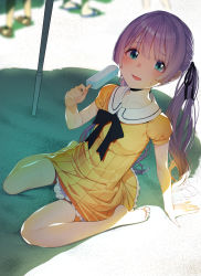 Rule 34 | 1girl, 3others, barefoot, beach, black neckwear, blue eyes, bpa (artist), dress, feet, food, hair intakes, highres, holding, holding food, looking at viewer, mochi hiyoko, mochipro, multiple others, on ground, open mouth, popsicle, purple hair, sand, shadow, sitting, smile, sweat, tareme, toes, twintails, virtual youtuber, wariza, yellow dress