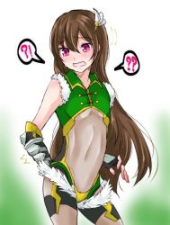 Rule 34 | !?, 1boy, ?, androgynous, artist request, bare shoulders, blush, bodysuit, brown hair, covered navel, crying, crying with eyes open, fingerless gloves, gloves, leotard, long hair, looking to the side, pink eyes, shiny clothes, skin tight, solo, taimanin (series), taimanin rpgx, tears, trap, uehara shikanosuke, very long hair