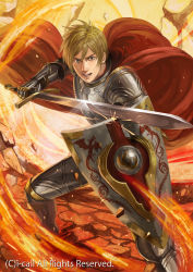 Rule 34 | 1boy, armor, bahamut greed, blonde hair, cape, gauntlets, greaves, knight, male focus, official art, original, osanai yuusuke, red cape, shield, solo, sword, watermark, weapon