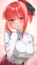 Rule 34 | 1girl, alternate costume, alternate hairstyle, black ribbon, blue eyes, blunt bangs, blush, breasts, chef, commentary request, ganko-chan (shashaneko123), go-toubun no hanayome, hair ribbon, hand up, highres, large breasts, long sleeves, looking at viewer, nakano nino, open mouth, ponytail, red hair, ribbon, smile, solo