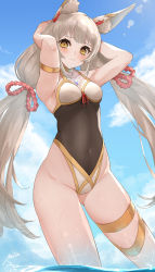 Rule 34 | 1girl, adapted costume, animal ears, blunt bangs, blush, cat ears, covered navel, facial mark, female focus, grey hair, highres, long hair, looking at viewer, low twintails, mia cbx, nia (blade) (xenoblade), nia (xenoblade), one-piece swimsuit, outdoors, solo, swimsuit, thighs, twintails, very long hair, xenoblade chronicles (series), xenoblade chronicles 2, yellow eyes