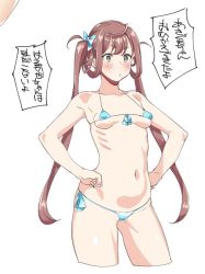 Rule 34 | 10s, 1girl, asagumo (kancolle), bikini, blue bikini, blush, breasts, brown hair, cropped legs, green eyes, hands on own hips, kantai collection, long hair, micro bikini, navel, simple background, small breasts, solo, sowitchraw (cellphiena), swimsuit, twintails, underboob, white background
