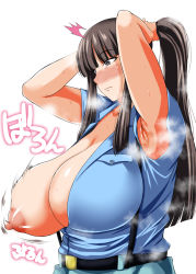 Rule 34 | 1girl, aoshidan school uniform, armpits, arms up, belt, black hair, blue shirt, blush, bouncing breasts, breast slip, breasts, brown eyes, cleavage, closed mouth, collarbone, girls und panzer, huge breasts, long hair, mature female, nipples, nishizumi shiho, no bra, one breast out, open clothes, open shirt, ozyasadayo, school uniform, shiny skin, shirt, simple background, solo, surprised, suspenders, sweat, white background