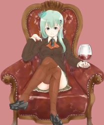Rule 34 | 10s, 1girl, alcohol, armchair, chair, crossed legs, crown, cup, drinking glass, unworn eyewear, glasses, green eyes, green hair, hair ornament, hairclip, hand up, highres, holding, holding removed eyewear, jacket, kantai collection, loafers, long hair, looking at viewer, matching hair/eyes, pleated skirt, school uniform, shimesaba (simesabaikka), shoes, sitting, skirt, smile, solo, suzuya (kancolle), thighhighs, wine, wine glass