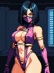 0xcyop 1girl black_hair bob_cut breasts brown_eyes cleavage collarbone curvy earrings elbow_gloves gloves gluteal_fold headband highleg highleg_leotard highres jewelry kunoichi large_breasts leotard looking_at_viewer mask mileena_(mortal_kombat) mortal_kombat_(series) mouth_mask ninja pixel_art purple_leotard revealing_clothes shiny_clothes shiny_skin short_hair solo standing thong_leotard wide_hips