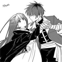 Rule 34 | 1boy, 1girl, bandaged arm, bandages, black coat, black pants, black shirt, coat, collar, cowboy shot, dress, enoch (enoch0501), fern (sousou no frieren), fingerless gloves, frilled collar, frills, gloves, greyscale, hand on another&#039;s shoulder, hand on another&#039;s waist, korean text, long hair, long sleeves, looking at another, monochrome, multicolored hair, pants, sash, shirt, short hair, sousou no frieren, stark (sousou no frieren), straight hair, two-tone hair, white background, white dress, white sash