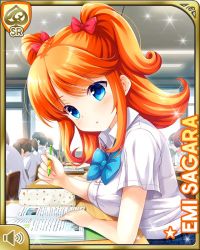 Rule 34 | 3boys, 4girls, :o, blouse, blue bow, blue eyes, book, bow, breasts, card, character name, classroom, desk, girlfriend (kari), hair ornament, holding, indoors, large breasts, looking at viewer, multiple boys, multiple girls, official art, orange hair, pen, plaid, plaid skirt, qp:flapper, red bow, sagara emi, school uniform, shirt, sitting, skirt, tagme, twintails, white shirt, window