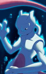 Rule 34 | air bubble, biceps, blurry, bubble, closed mouth, collarbone, commentary request, conejologia, creatures (company), frown, game freak, gen 1 pokemon, glowing, grey eyes, hand up, highres, legendary pokemon, mewtwo, nintendo, pokemon, pokemon (creature), solo