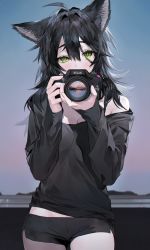 Rule 34 | 1girl, ahoge, animal ears, bare shoulders, black hair, black shirt, black shorts, blush, breasts, camera, cat ears, cat girl, cleavage, commentary, covered mouth, cowboy shot, dawn, day, eyelashes, flipped hair, gradient sky, green eyes, hair between eyes, highres, holding, holding camera, long hair, long sleeves, looking at viewer, messy hair, morning, muaooooo, off shoulder, original, product placement, railing, reflection, shirt, short shorts, shorts, sky, sleeves past wrists, slit pupils, solo, symbol-only commentary, uneven eyes