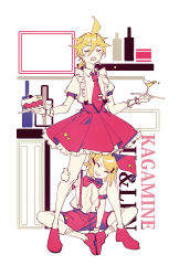 Rule 34 | absurdres, between legs, blonde hair, blush, cake, character name, chi ya, cocktail glass, commentary, crossdressing, cup, drinking glass, closed eyes, feet together, food, frilled skirt, frills, full body, grin, hair ornament, hairclip, hand on another&#039;s leg, highres, holding, holding tray, kagamine len, kagamine rin, kitchen, knees apart feet together, miniskirt, necktie, open mouth, pink footwear, pink neckwear, pink shorts, pink skirt, short sleeves, shorts, sitting, skirt, smile, spiked hair, standing, suspender shorts, suspender skirt, suspenders, symbol-only commentary, tray, v-shaped eyebrows, vocaloid, white legwear