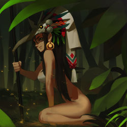 Rule 34 | 1girl, :d, absurdres, bandeau, bare legs, bare shoulders, barefoot, bottomless, breasts, brown eyes, brown hair, earrings, forest, from side, geolim, glowing, glowing eyes, grass, grin, hair between eyes, headwear request, highres, holding, holding weapon, jewelry, jungle, large breasts, long hair, looking at viewer, nature, nose, open mouth, original, plant, polearm, seiza, sitting, smile, solo, spear, tribal, weapon, yellow eyes