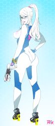Rule 34 | 1girl, ass, blonde hair, blue bodysuit, blue eyes, blush, bodysuit, breasts, directed-energy weapon, energy gun, energy weapon, gloves, gun, handgun, high heels, high ponytail, highres, impossible bodysuit, impossible clothes, large breasts, long hair, looking at viewer, medium breasts, metroid, mole, mole under mouth, nintendo, paralyzer, pistol, ponytail, r3dfive, samus aran, simple background, skin tight, smile, solo, super smash bros., weapon, zero suit