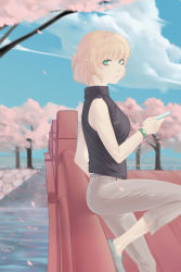 Rule 34 | 1girl, absurdres, alternate costume, black shirt, blonde hair, blue sky, breasts, bridge, brown pants, cellphone, cherry blossoms, closed mouth, cloud, commentary request, contemporary, day, foot out of frame, green eyes, green footwear, half updo, highres, looking at viewer, looking to the side, medium breasts, mizuhashi parsee, outdoors, pants, phone, pointy ears, sakai-saka, shirt, shoes, short hair, short ponytail, sky, sleeveless, sleeveless shirt, sneakers, solo, touhou, turtleneck, watch, water, wristwatch
