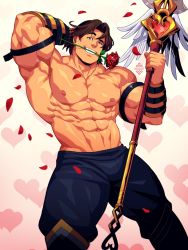 Rule 34 | 1boy, abs, arm behind head, bara, biceps, black pants, brown hair, bulge, cu chulainn (smite), flower, head tilt, holding, holding polearm, holding spear, holding weapon, large pectorals, legs apart, male focus, mature male, muscular, muscular male, navel, nipples, original, paid reward available, pants, pectorals, petals, polearm, paid reward available, rose, short hair, smile, smite, solo, spear, stomach, thick thighs, thighs, topless male, valentine, weapon, xelgot