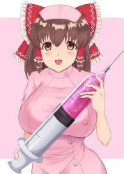Rule 34 | 1girl, alternate costume, blush, bow, breasts, brown eyes, brown hair, commentary request, cookie (touhou), cowboy shot, dress, frilled hair tubes, frills, hair between eyes, hair bow, hair tubes, hakurei reimu, hat, highres, holding, holding syringe, kanna (cookie), large breasts, long hair, looking at viewer, nurse, nurse cap, ochinjin, open mouth, oversized object, pink background, pink dress, red bow, smile, solo, syringe, touhou, two-tone background, white background