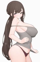 Rule 34 | 1girl, absurdres, bare shoulders, blush, breasts, brown eyes, brown hair, covered erect nipples, half-closed eyes, highres, large breasts, long hair, mole, mole under eye, original, panties, parted lips, rabbit (wlsdnjs950), simple background, solo, underwear, white background