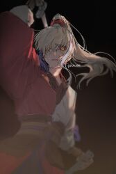 Rule 34 | 1boy, archer (fate/samurai remnant), chinese clothes, colored sclera, crying, fate/samurai remnant, fate (series), grey hair, hair ornament, hanfu, high ponytail, long hair, male focus, multicolored hair, pinus 00, ponytail, red hanfu, red robe, red sclera, robe, sidelocks, simple background, solo, streaked hair, tassel, tassel hair ornament, white hair, white hanfu, xiao guan (headdress), yellow eyes