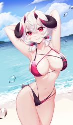 Rule 34 | 1girl, beach, bikini, black horns, black tail, breasts, cleavage, collarbone, curled horns, day, hair ornament, highres, horns, indie virtual youtuber, large breasts, looking at viewer, multiple horns, nano (nanoless), pink eyes, red horns, short tail, smile, solo, summer, swimsuit, tail, thick eyebrows, virtual youtuber, white hair, yoclesh