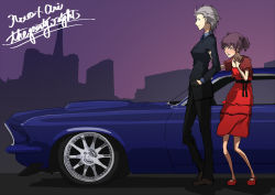 Rule 34 | 2girls, belt, black belt, black footwear, black suit, blush, breasts, brown hair, building, car, dress, ford mustang, ford mustang (1st generation), formal, girls und panzer, grey hair, height difference, holding another&#039;s arm, motor vehicle, multiple girls, muscle car, night, night sky, pant suit, pants, red dress, red footwear, run the 9tails, short hair, short twintails, sky, skyscraper, sports car, suit, twintails, very short hair, yuri
