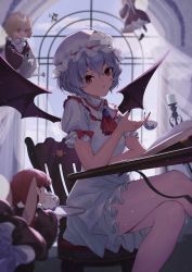 Rule 34 | 5girls, :/, absurdres, apron, ascot, bat wings, black dress, black nails, blonde hair, blue hair, book, brooch, broom, broom riding, candlestand, chair, closed mouth, cloud, collared dress, commentary, crossed legs, cup, day, dress, fairy maid (touhou), fairy wings, fang, fingernails, flying, fuwafuwa4560, hair between eyes, hat, highres, holding, holding cup, holding plate, holding watering can, jewelry, kirisame marisa, long hair, looking at object, looking down, maid apron, mob cap, multiple girls, nail polish, on chair, open book, plate, puffy short sleeves, puffy sleeves, red ascot, red eyes, red hair, remilia scarlet, short hair, short sleeves, sitting, sky, slit pupils, table, teacup, teapot, touhou, watering can, white dress, white headwear, window, wings