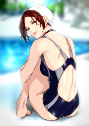 Rule 34 | 1girl, bad id, bad pixiv id, barefoot, brown eyes, brown hair, competition swimsuit, delta zone, from behind, lips, looking back, one-piece swimsuit, original, sitting, solo, swim cap, swimsuit