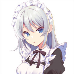 Rule 34 | 1girl, alternate costume, apron, bad id, bad pixiv id, black dress, blue eyes, bow, bowtie, breasts, brown bow, brown bowtie, closed mouth, dress, enmaided, frills, grey hair, hair between eyes, izayoi sakuya, looking at viewer, maid, maid headdress, medium breasts, picrew, puffy short sleeves, puffy sleeves, short hair, short sleeves, simple background, solo, touhou, upper body, white apron, white background