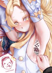 Rule 34 | 1girl, 1other, :o, absurdres, animal ears, areola slip, armpits, arms up, blonde hair, blue archive, blush, breasts, buttons, cereal, detached sleeves, doodle sensei (blue archive), double-breasted, dress, forehead, fox ears, highres, holding, holding spoon, long hair, looking at viewer, milk, pov, pov hands, presenting armpit, rancidronin, seia (blue archive), sensei (blue archive), sideboob, sleeveless, sleeveless dress, small breasts, solo, spoken expression, spoon, upper body, very long hair, white dress, yellow eyes